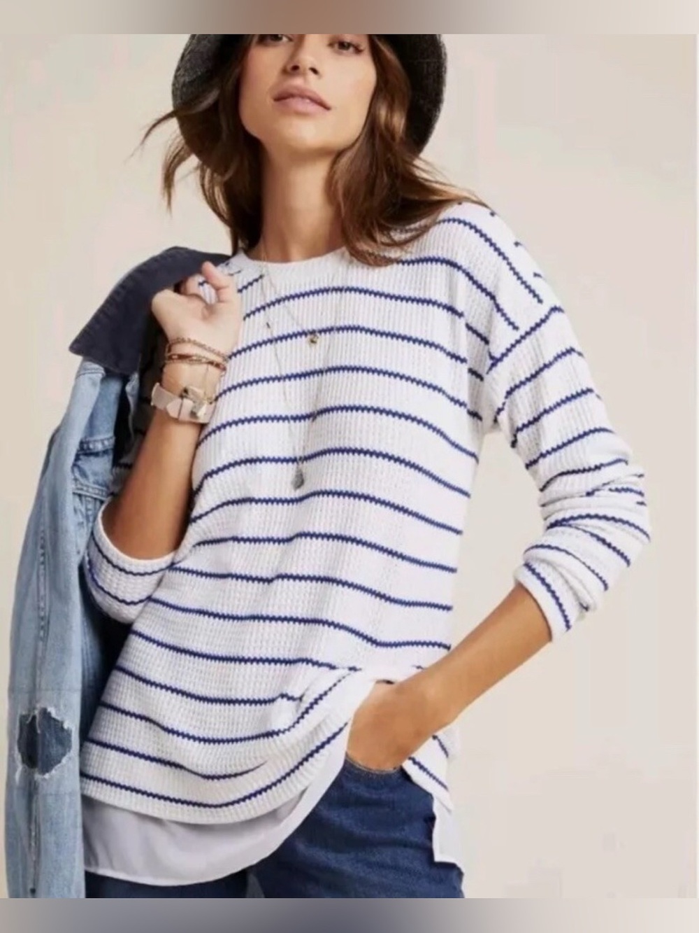 Anthropologie Darla White Blue Striped Thermal Waffle Chiffon Hem Top